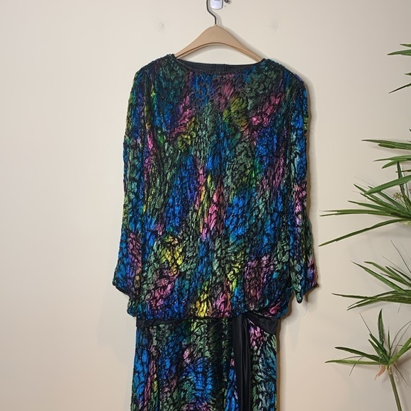 Vintage Drop Waist Bow Burnout Colorful Shimmer Velvet Beaded “Peacock” Dress M - Picture 3 of 17